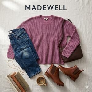 Madewell Alpaca Blend Ribbed Crewneck Sweater in Dark Rose